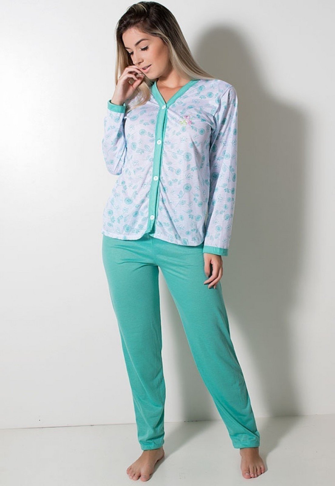 Pijama Longo com Botão Diluxo Amamentação Verde