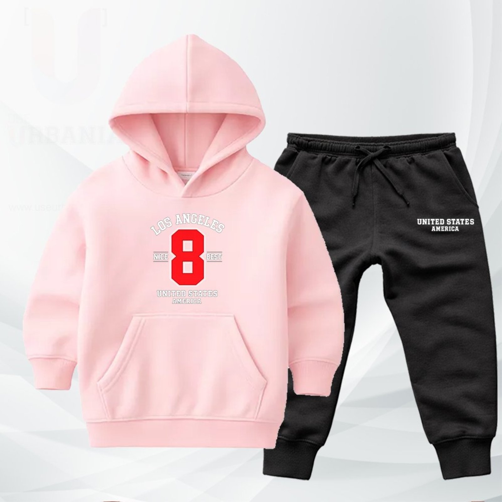 Infantil - Conjunto Moletom Urbania Moleton escola Canguru Fechado com Bolso e Capuz Rosa Mescla estampa Los Angeles Nice Best United states america