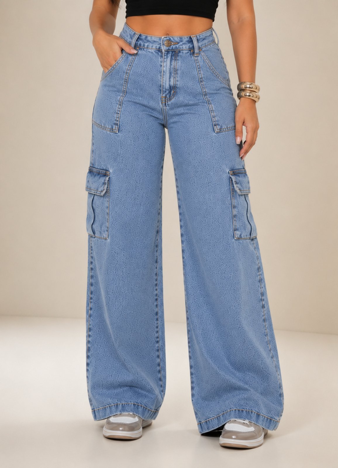 Calça Jeans Wide Leg Feminina Cargo Levanta Bumbum Cintura Alta 100 % Algodão