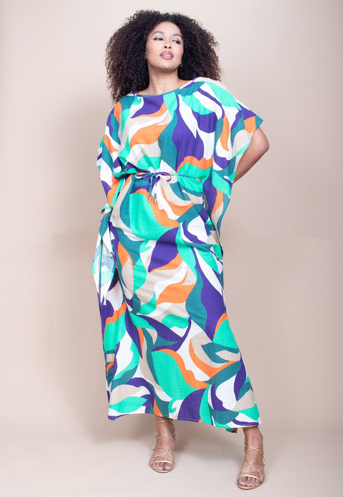Vista 3 Vestido Longo Cabanafree Viscose Estampa Brisa do Mar Cabanafree azul/estampado/laranja