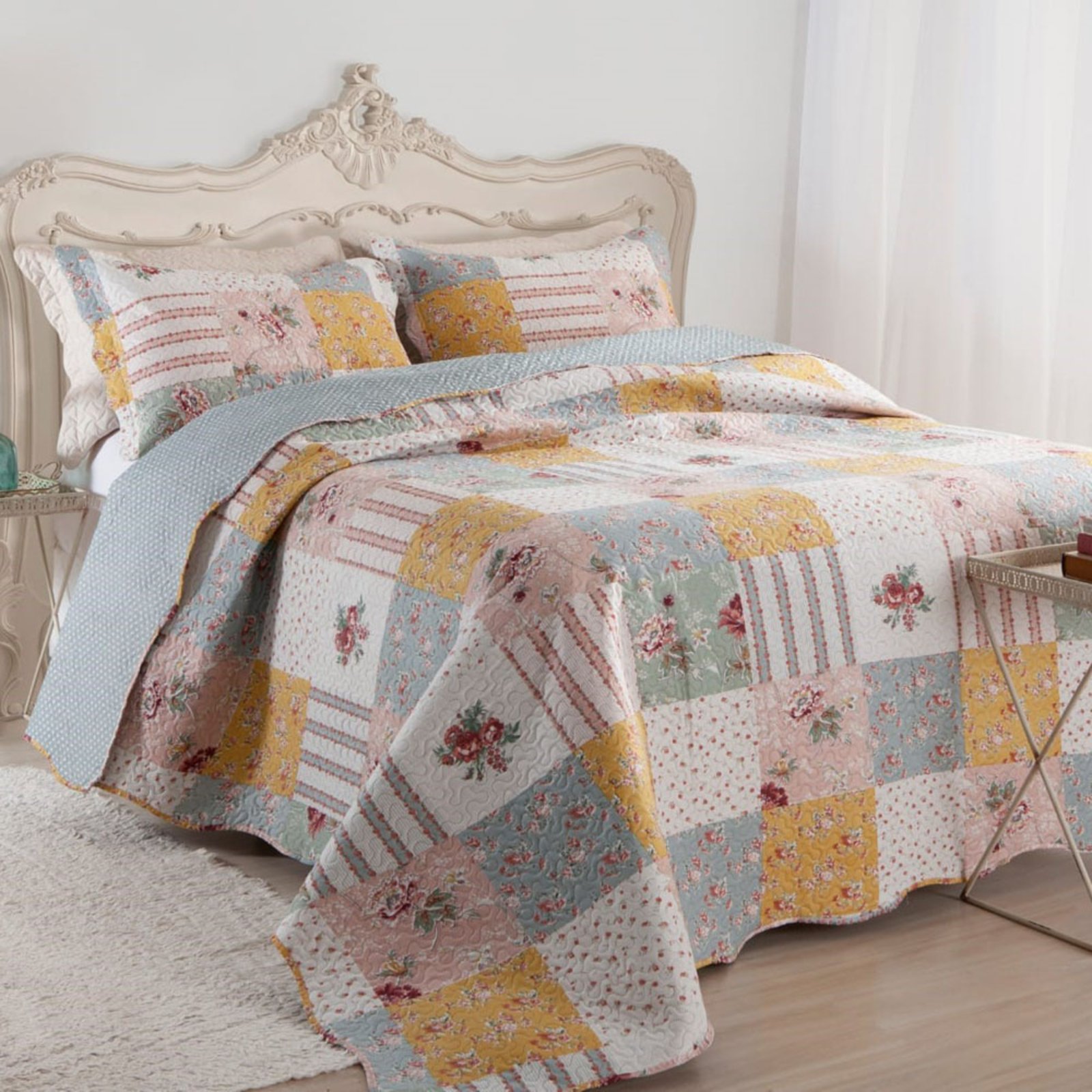 Kit Cobre Leito Colcha Casa Scarpa Mix Queen Estampado Dupla Face Floral 3 Peças – Luana
