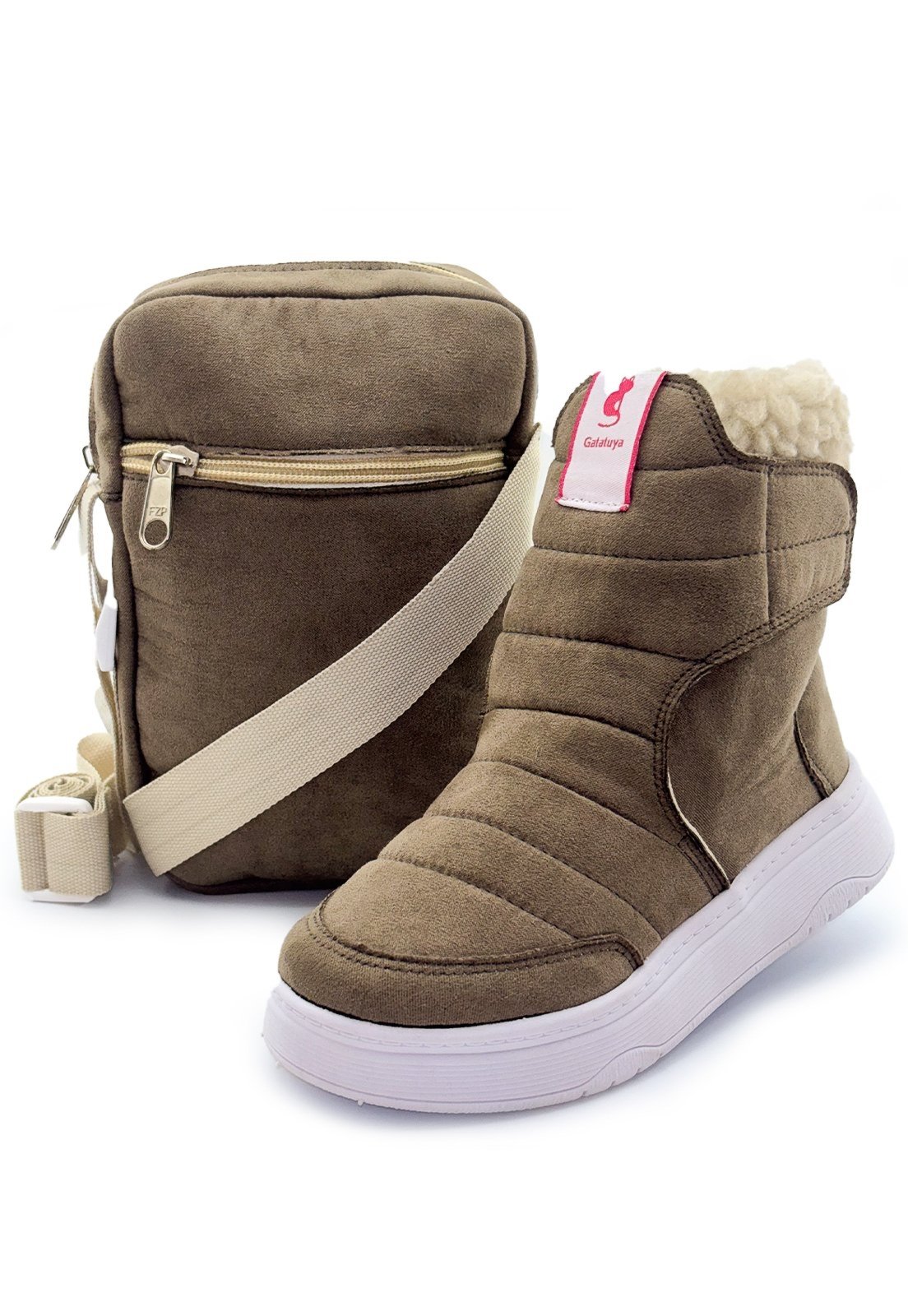 Infantil - Kit Bota Cano Alto Com Bolsa Menina Conforto Marrom/Bege Camurça