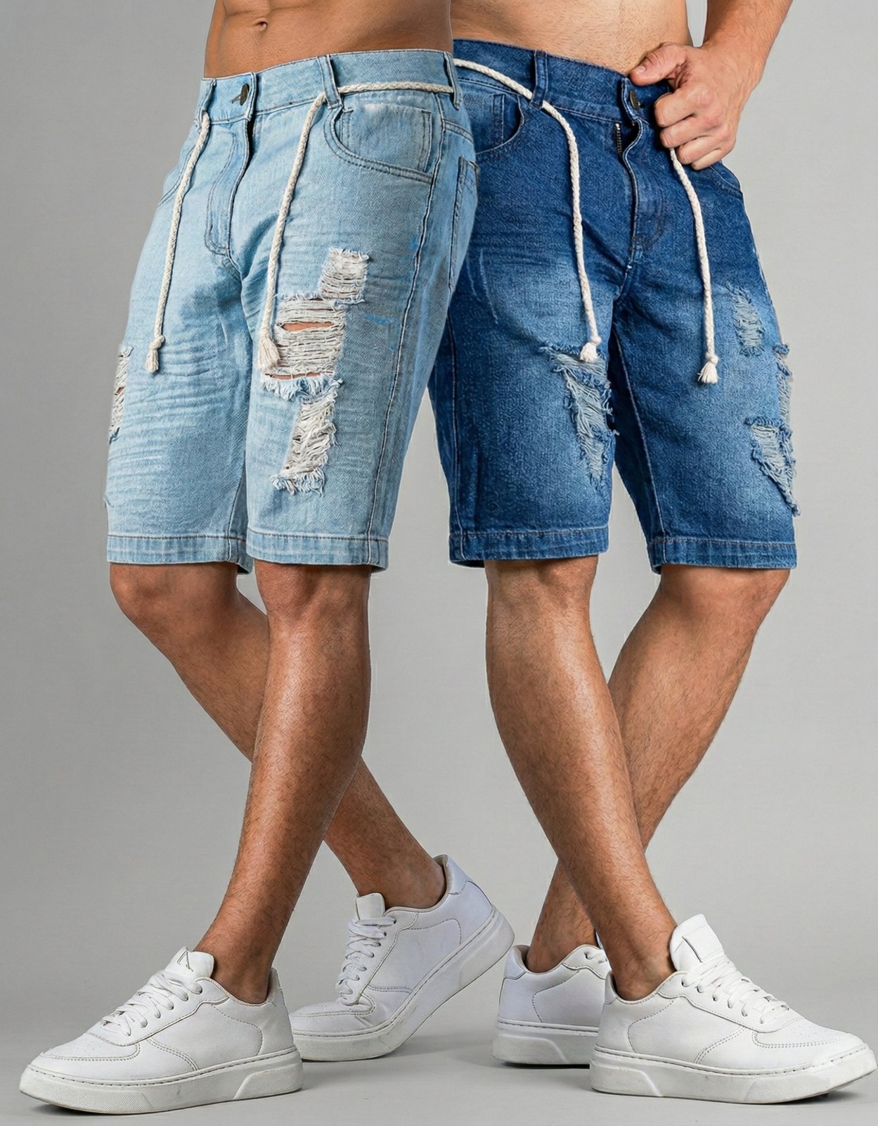 Kit 2 Bermudas Jeans Destroyed Masculina Azul Médio e Azul Escuro