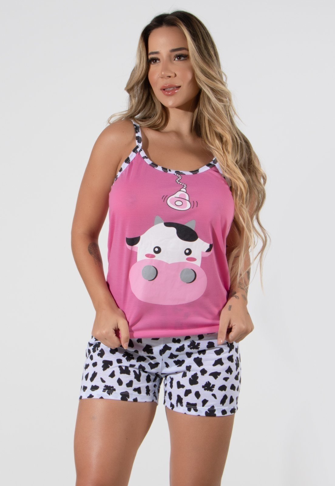 Pijama Curto 4 Estações Feminino Estampa Vaquinha Verão Casual Rosa