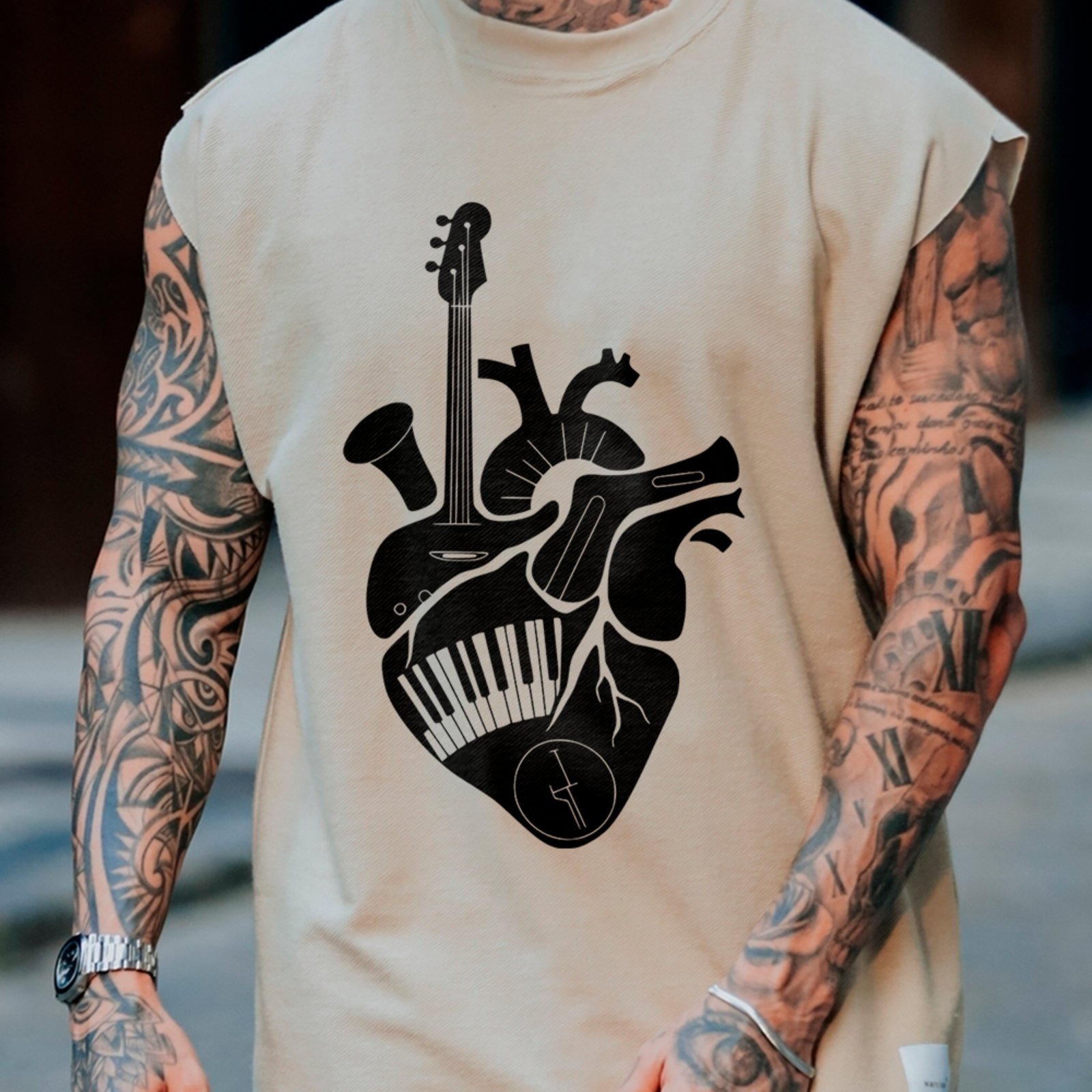 Camiseta Regata Machão Music Heart Guitar Piano Sax Street Off White