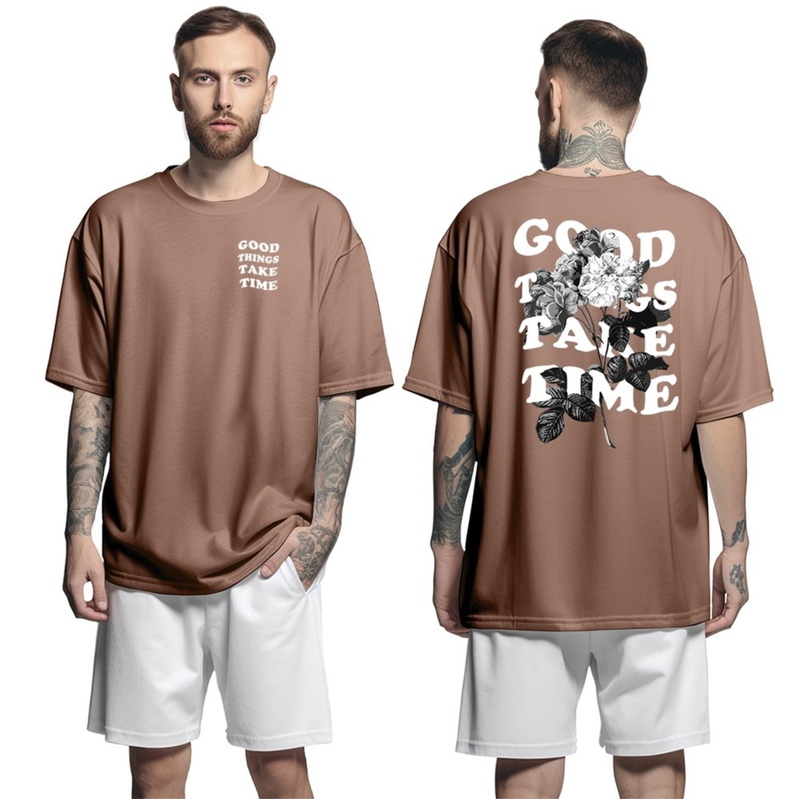 Camiseta Oversized Streetwear Genuine Grit Masculina Larga 100% Algodão 30.1 Good Things Take Time – Marrom – P