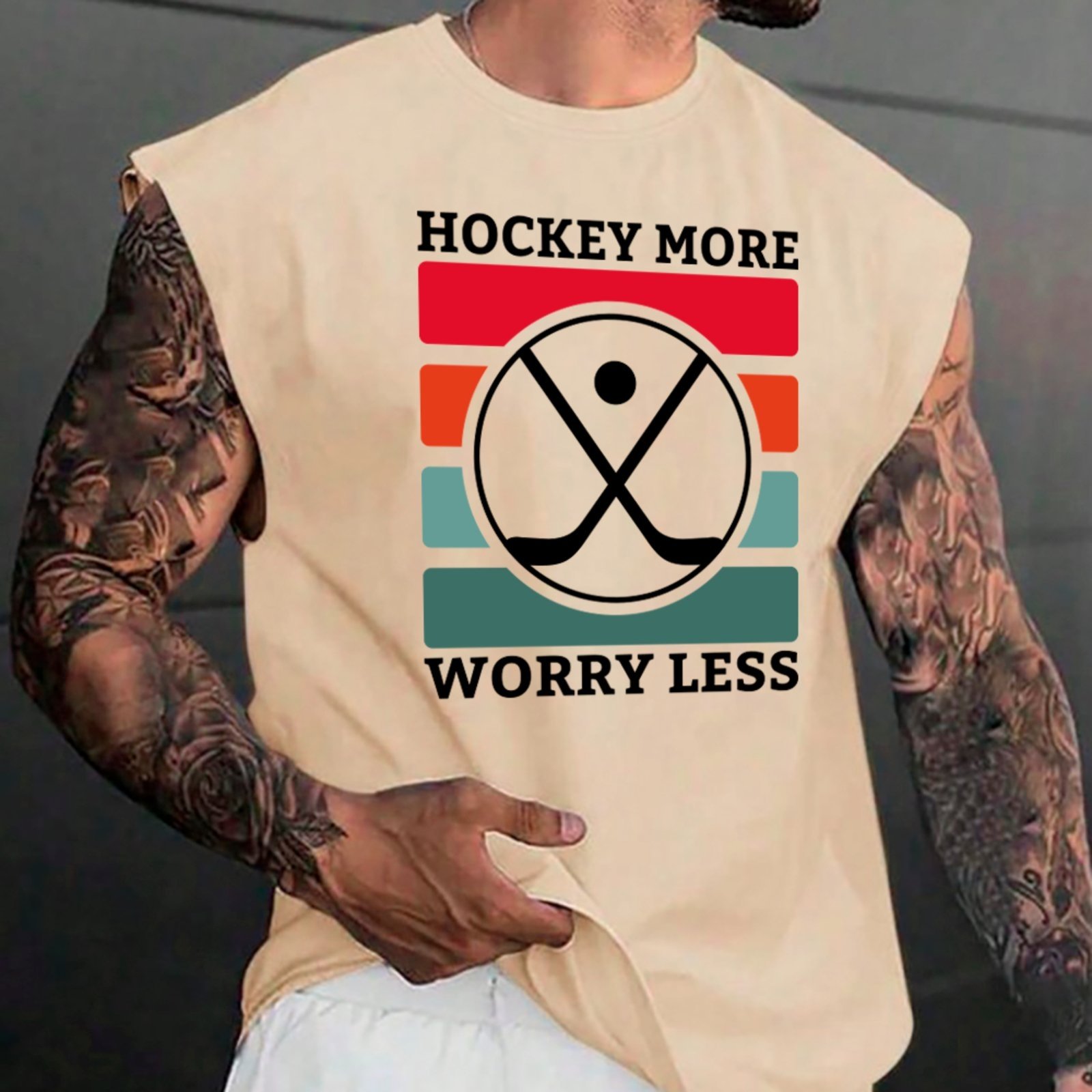 Camiseta Regata Machão Ousy Hockey More Worry Less Oversized Masculina Off White