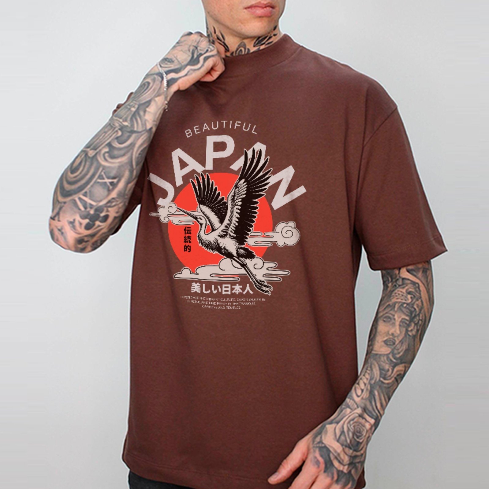 Camiseta Oversized Premium Beautiful Japan Garça Oriental Style Unissex Marrom