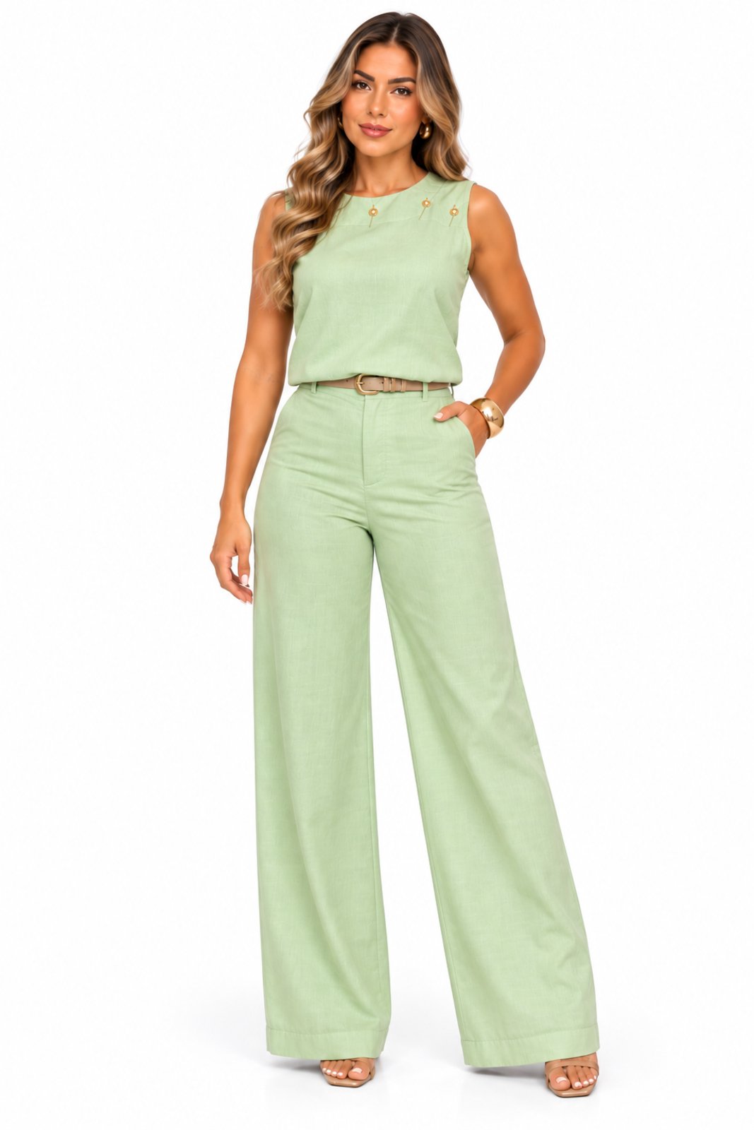 Conjunto Feminino D Bell Outlet Fashion Detalhe Floral Bordado Verde Menta