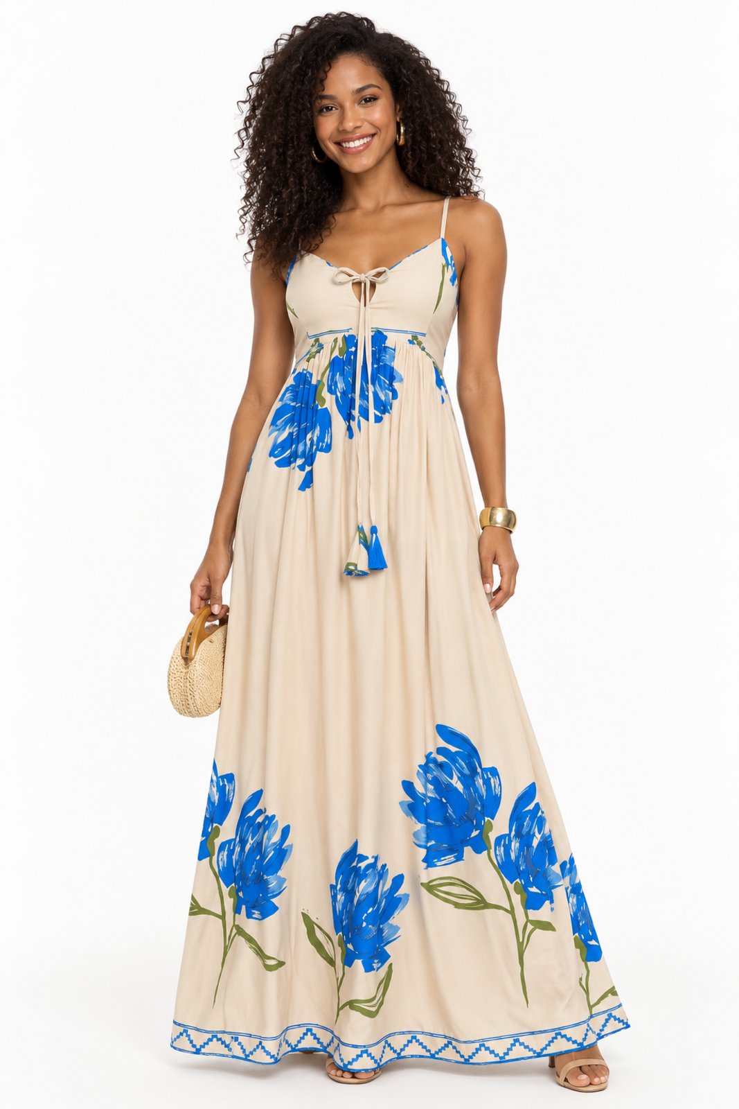 Vestido Longo D Bell Outlet Fashion Estampado Florido Azul