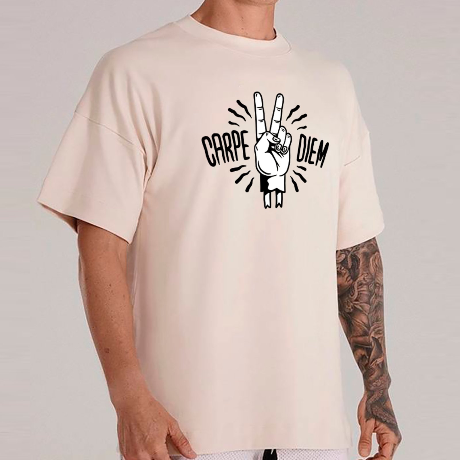 Vista 2 Camiseta Ousy Unissex Streetwear Carpe Diem Visual Impactante Oversized Off White off-white white ousy off-white white
