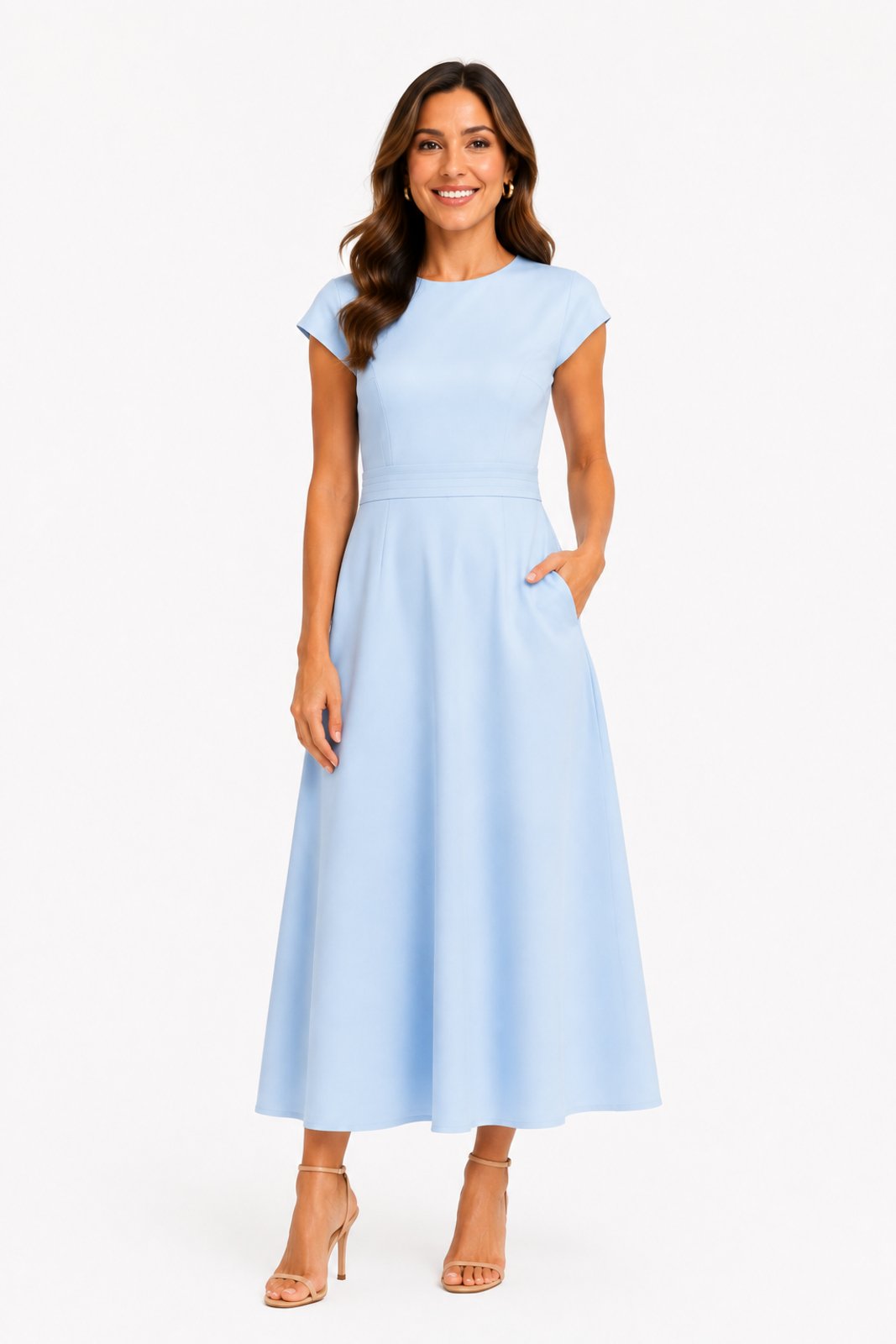 Vestido Midi D Bell Outlet Fashion Linho Bolsos Azul Claro
