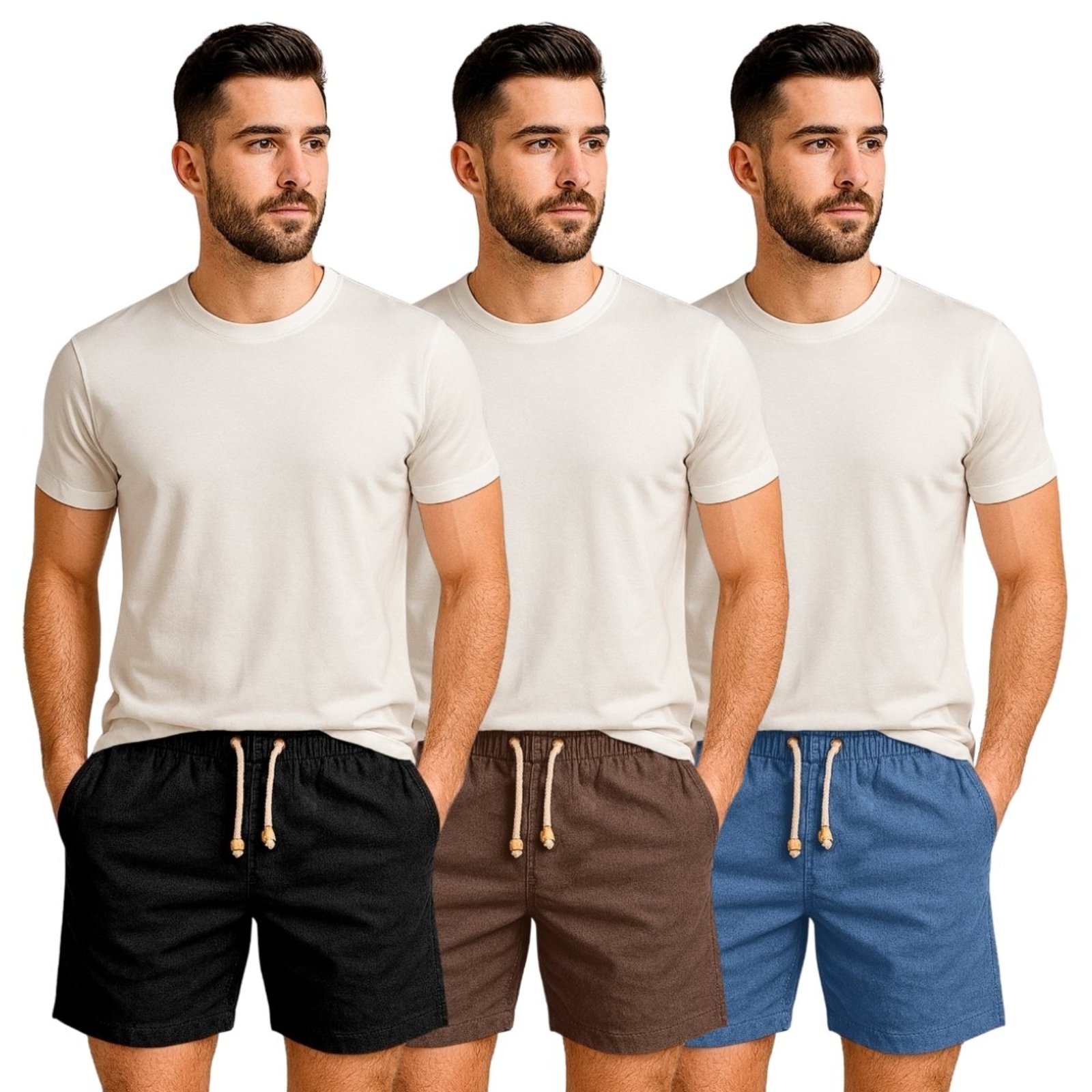 Kit 3 Shorts Linho Premium Bermuda Masculina Moda Praia Luxo