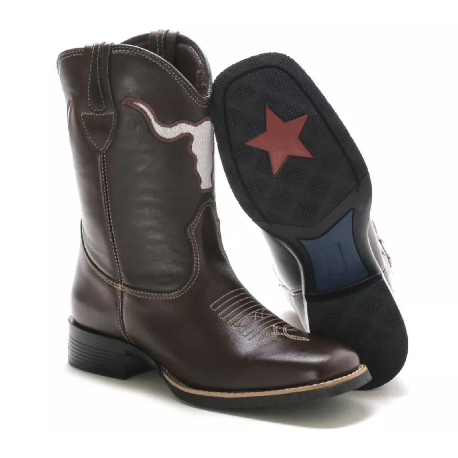 Bota Texana Masculina Couro Look Stock Bordada e Confortável Marrom