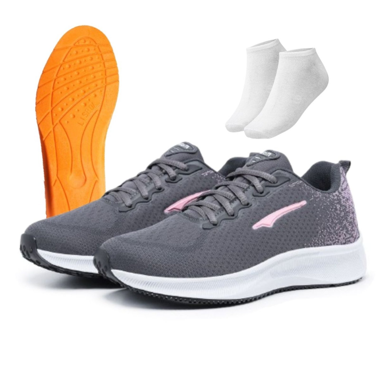 Kit Tênis Feminino Academia Casual Esportivo Macio Ortopédico Grafite Pink + Meia e Palmilha