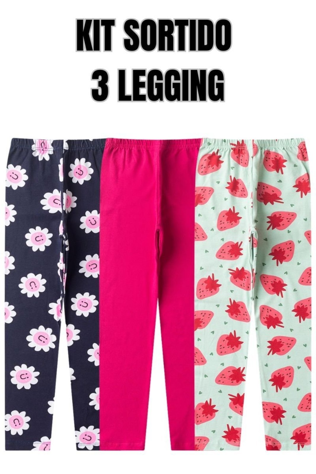 Infantil - Kit Sortido 3 Legging Menina Cotton Estampada e Lisa Confortável Cós Elástico