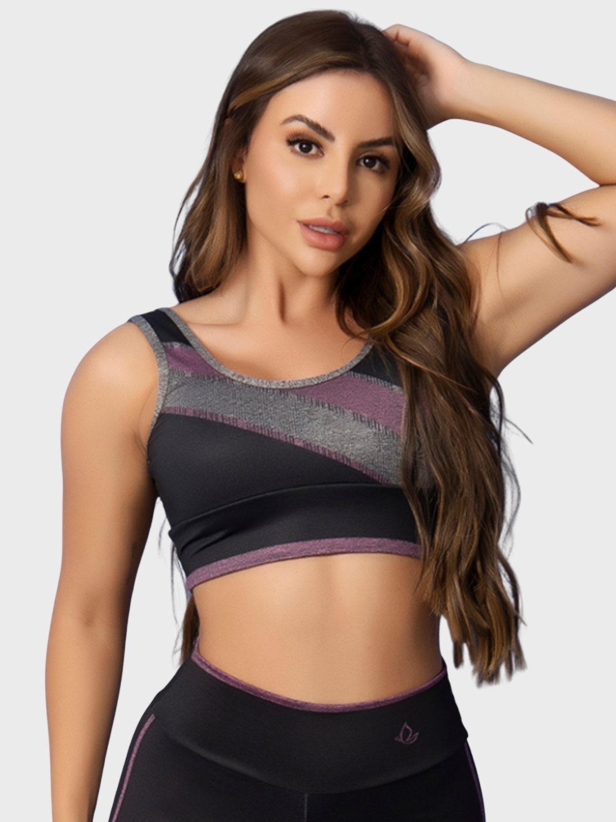 Top Fitness Tarelles Alça Larga Forrado Estampado Preto e Rosa