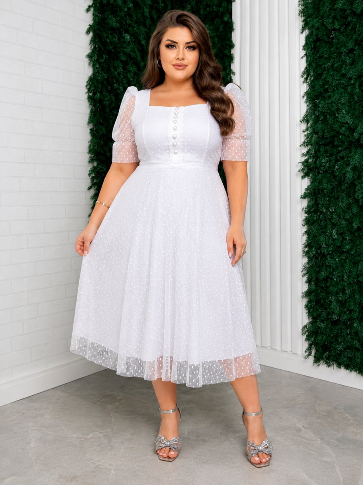Vestido Midi de Festa Tule Poa Manga Princesa Bufante Modesto Casamento Civil Madrinha Branco