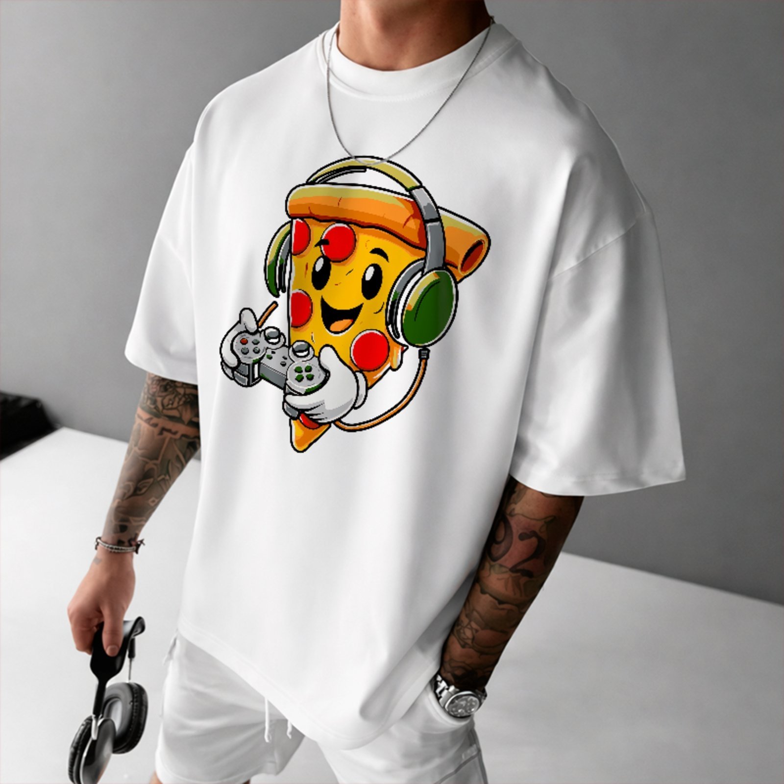 Camiseta Oversized Premium Pizza Gamer Geek Unissex Branco