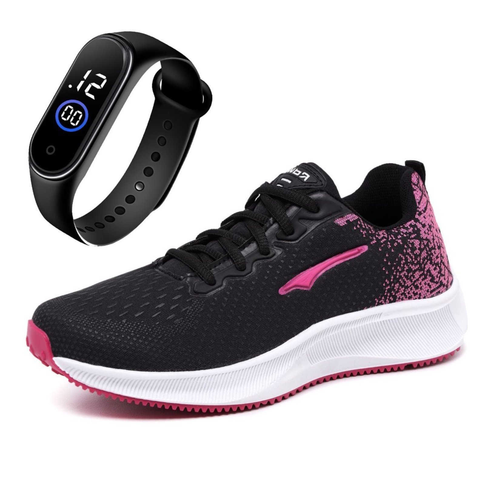 Kit Tênis Academia Feminino Preto Pink + Relógio Brinde