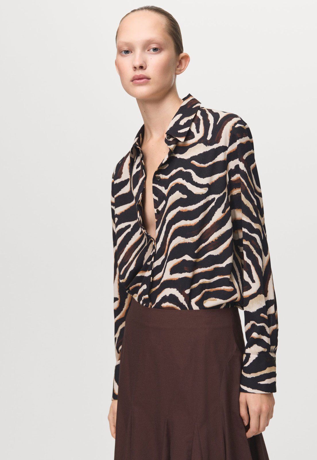 Camisa Feminina Mango Animal Print Bege