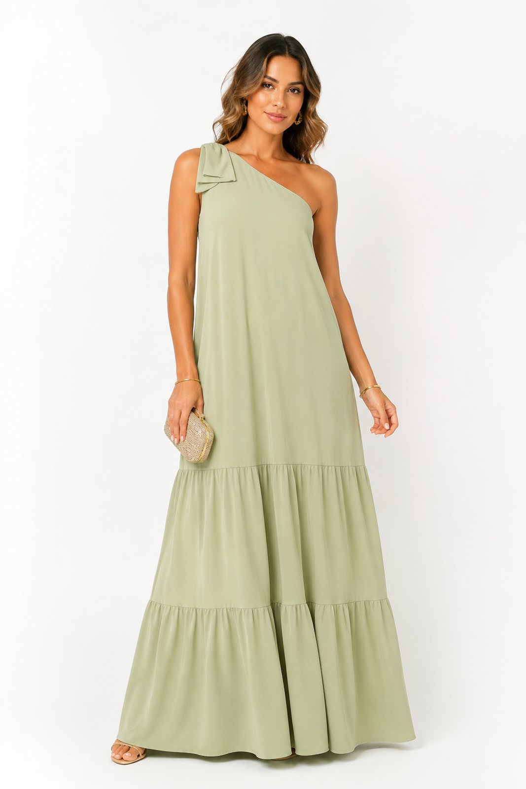Vestido Longo D Bell Outlet Fashion Manga Nula Verde Pastel