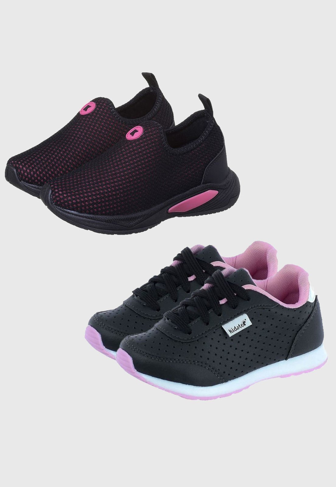 Infantil – Kit 2 Pares Tênis Calce Facil Menina Preto Pink K Telinha e Escolar Preto Rosa