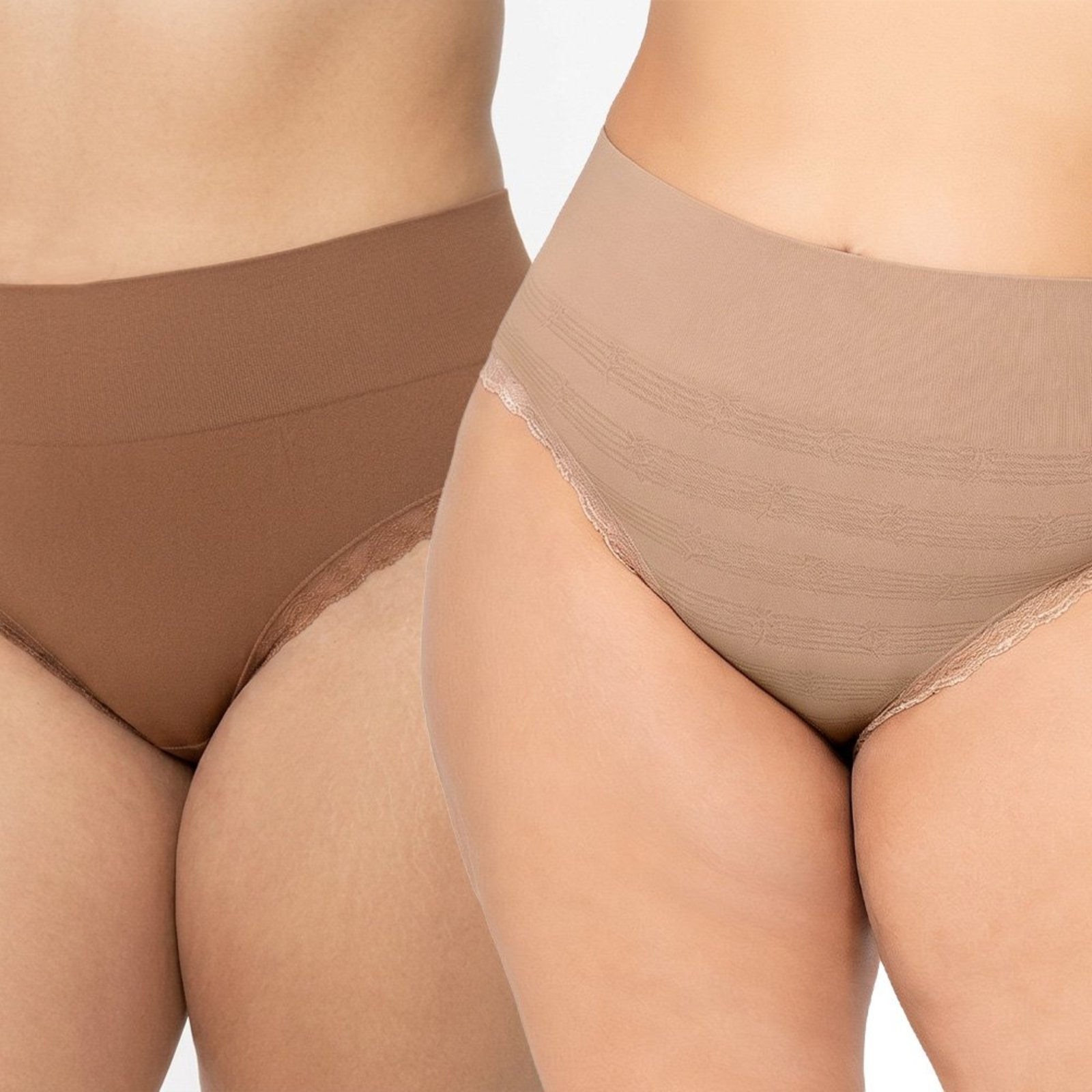 Kit 2 Calcinhas Biquíni Plus Size Com Renda Sem Costura Marrom e Bege