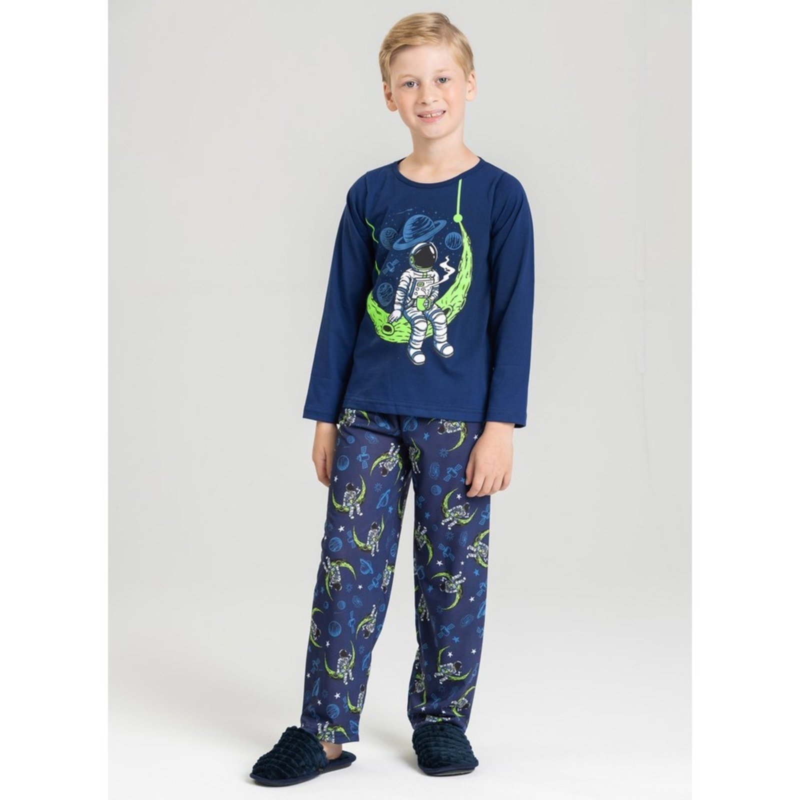 Pijama Longo Marinho Menino Astronauta na Lua