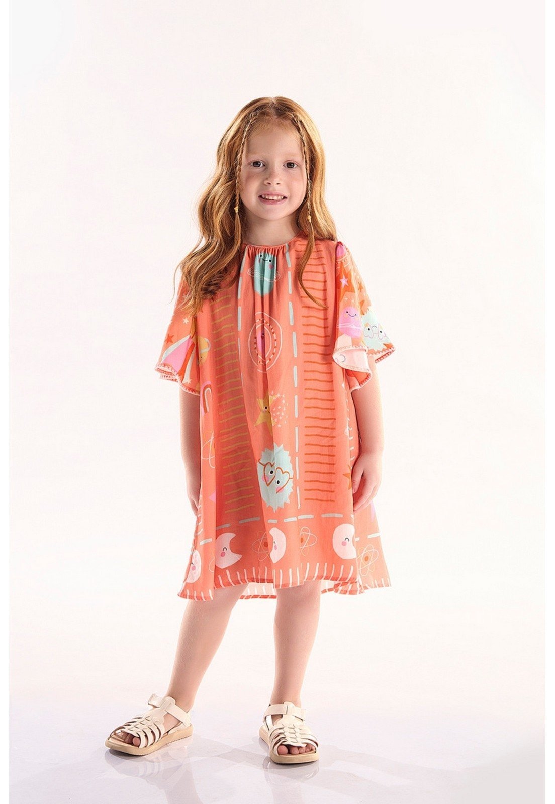 Infantil – Vestido Manga Godê em Viscose Interestelar Três e Já Laranja