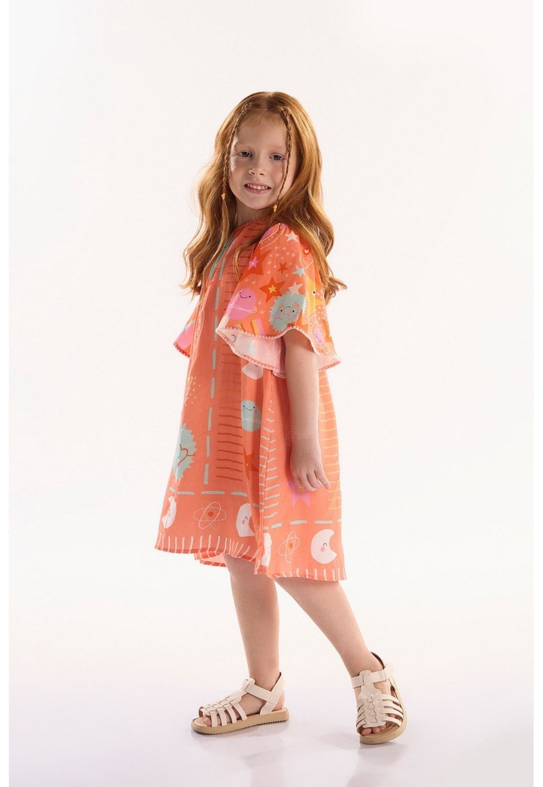 Vista 3 Infantil - Vestido Manga Godê em Viscose Interestelar Três e Já laranja Três e Já laranja
