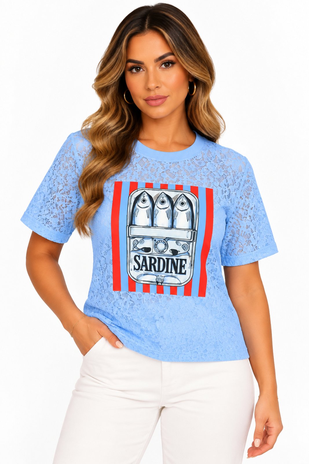 Blusa Feminina D Bell Outlet Fashion Sardine Renda Azul Céu