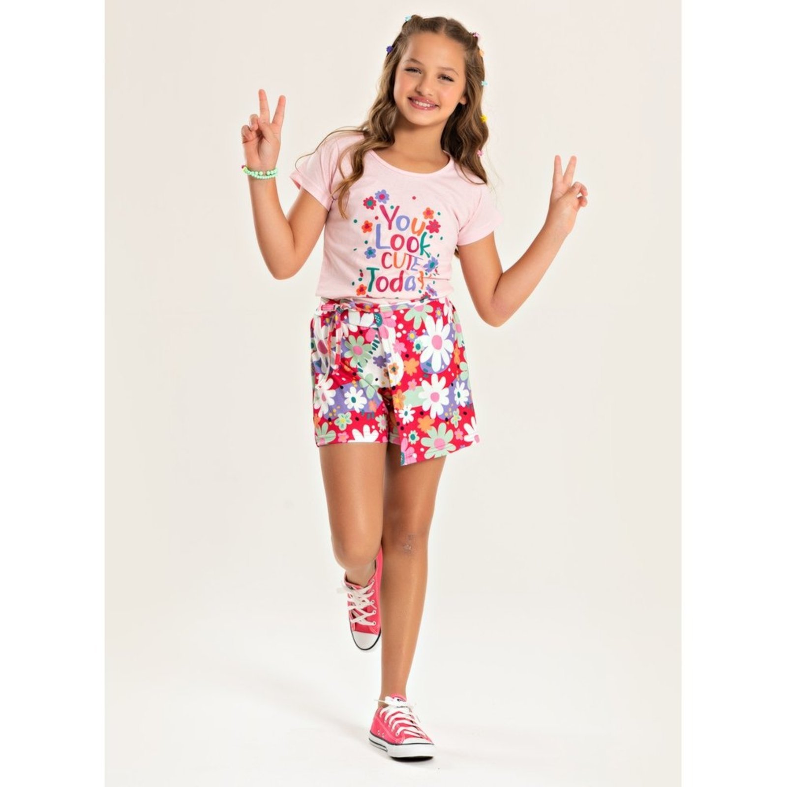 Infantil – Conjunto Verão Menina Rosa Blusa e Shorts Saia Florzinhas
