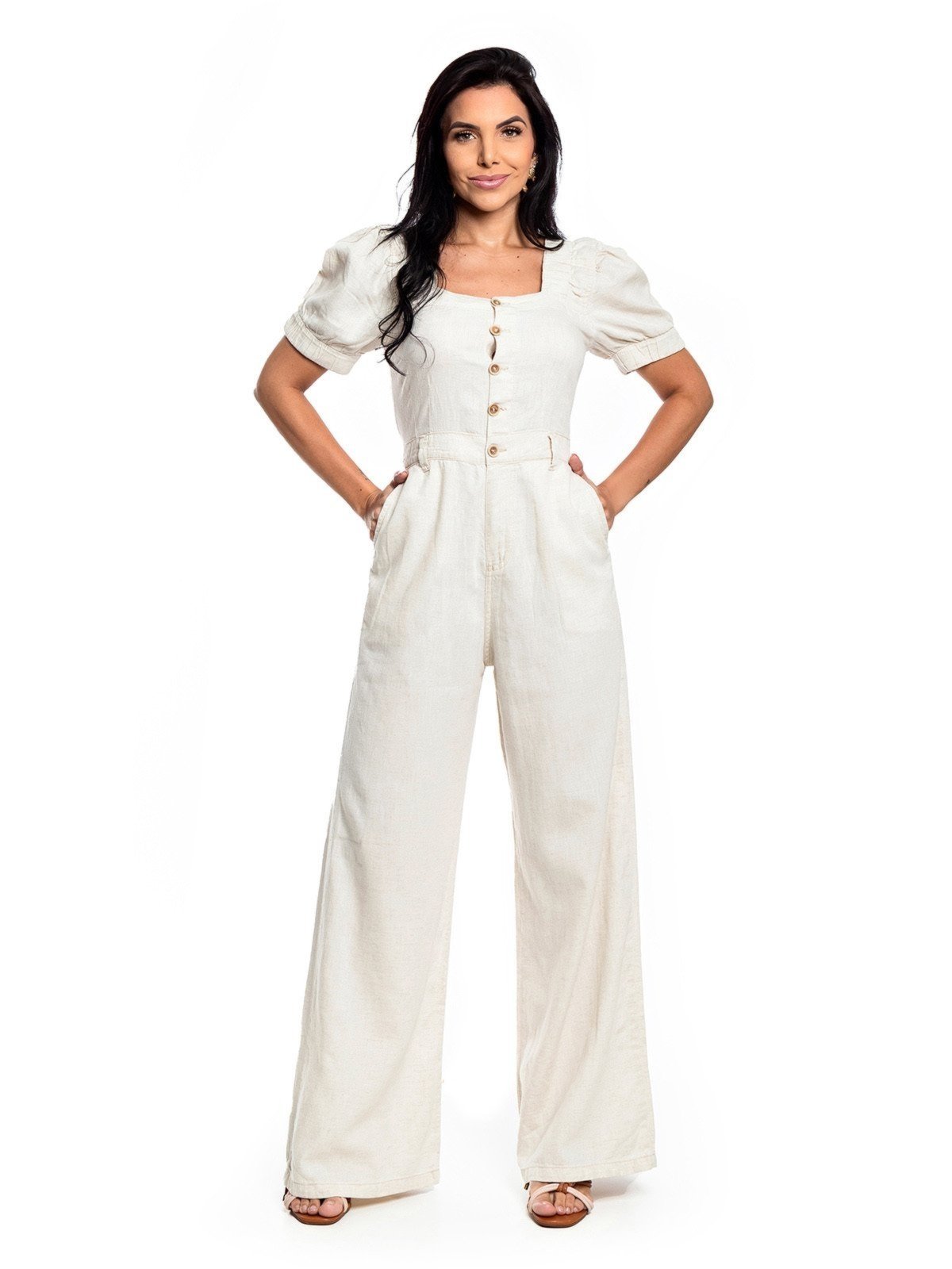 Macacao Pantalona Restrito Jeans De Linho Com Mangas – AREIA