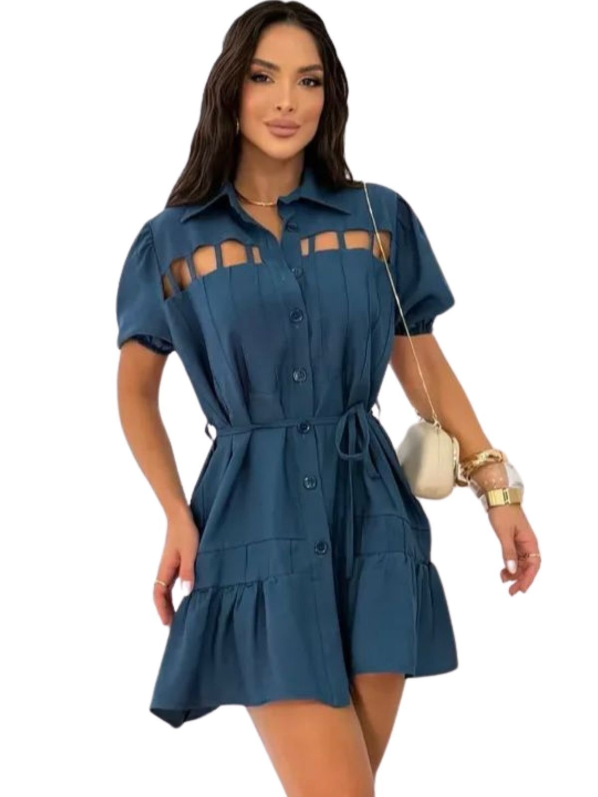 Vestido Summer Body Curto Feminino Com Recortes e Botões Azul