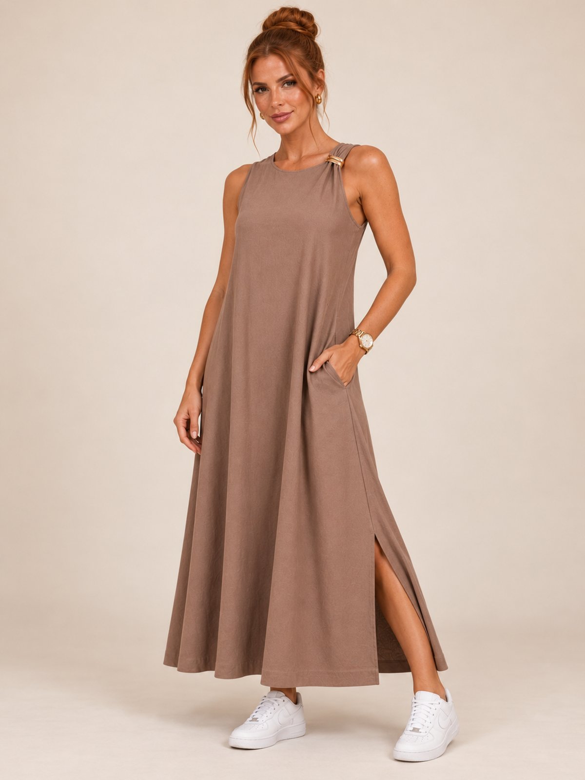 Vestido Longo Lapetry Feminino Alça Larga com Fenda Lateral Elegante Capuccino