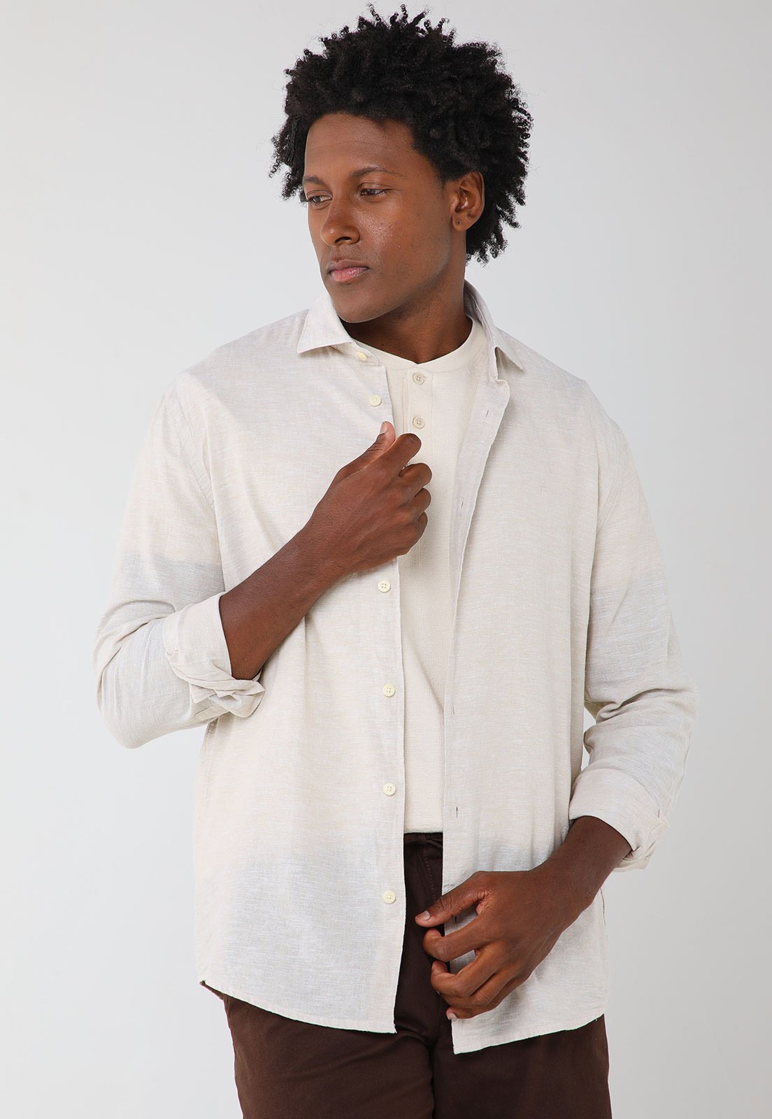 Vista 2 Camisa Masculina Aramis Manga Longa Linho Algodão bege Aramis bege