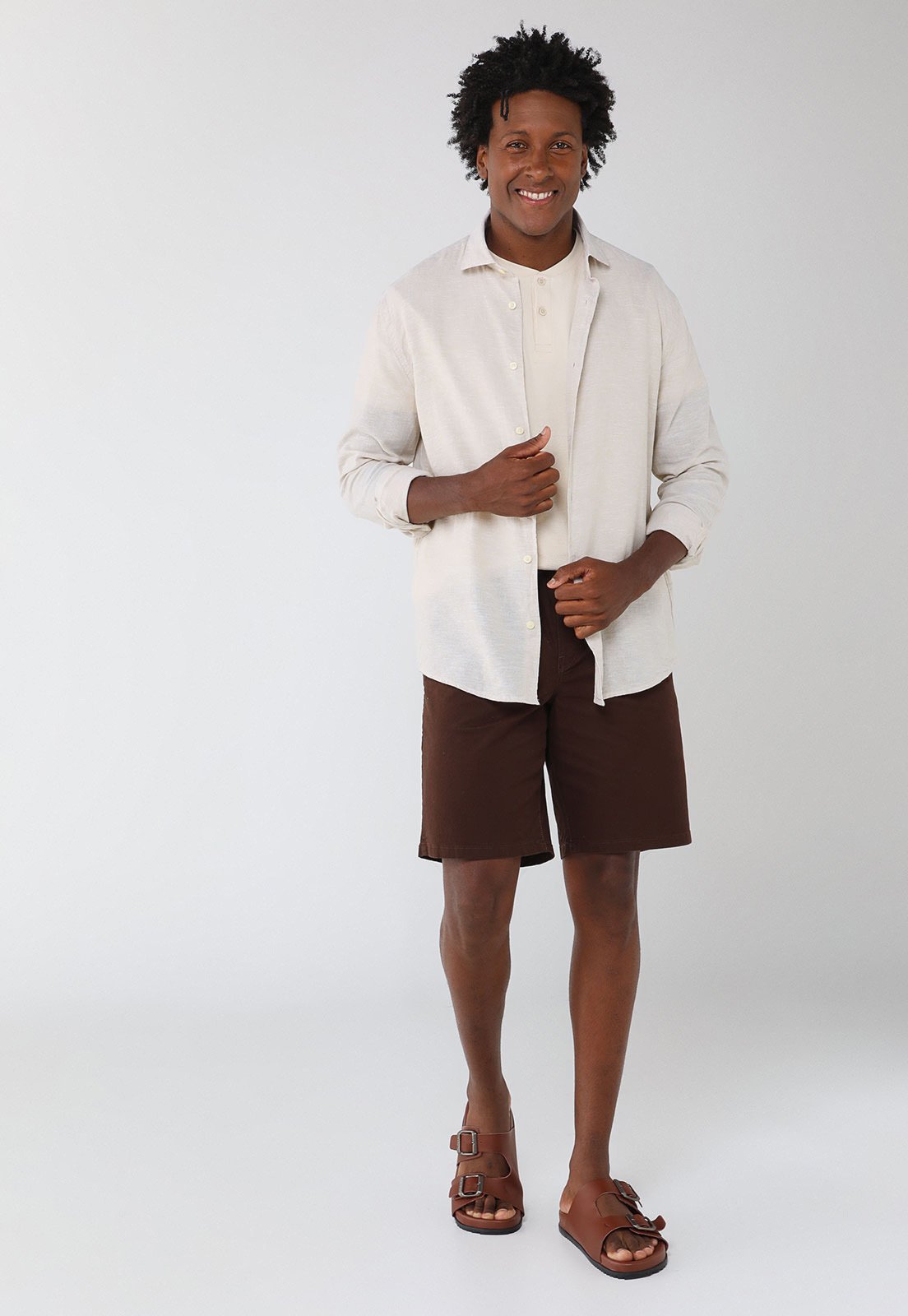 Vista 3 Camisa Masculina Aramis Manga Longa Linho Algodão bege Aramis bege
