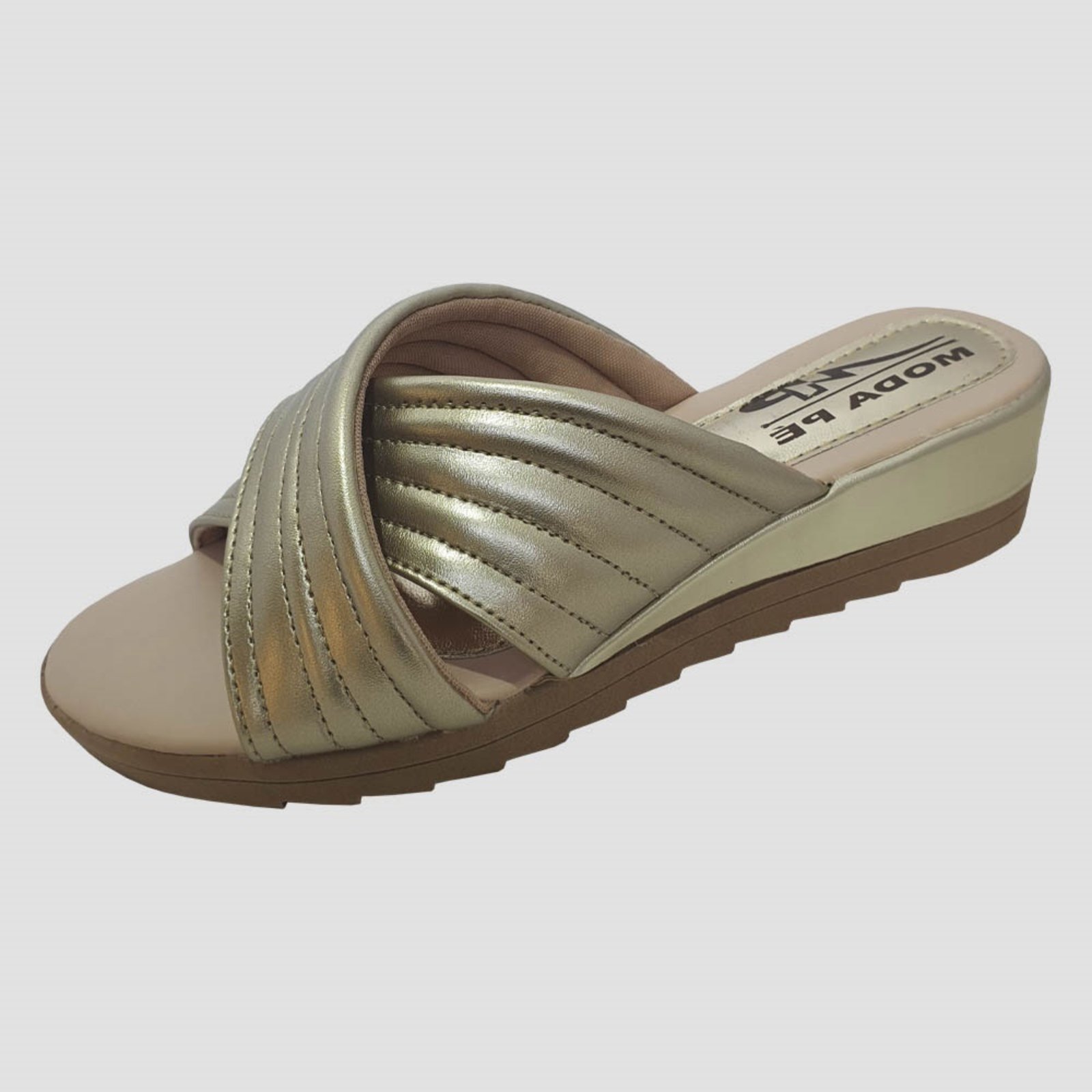 Sandália Feminina Tamanco Tiras Moda Pé Anabela Super Conforto Dourado
