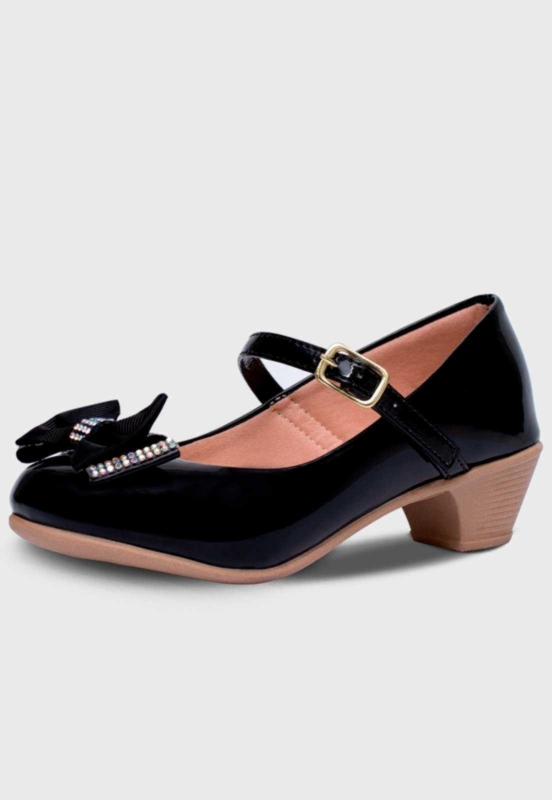 Infantil - Sapato de Salto Popidi Menina Laço Strass Preto