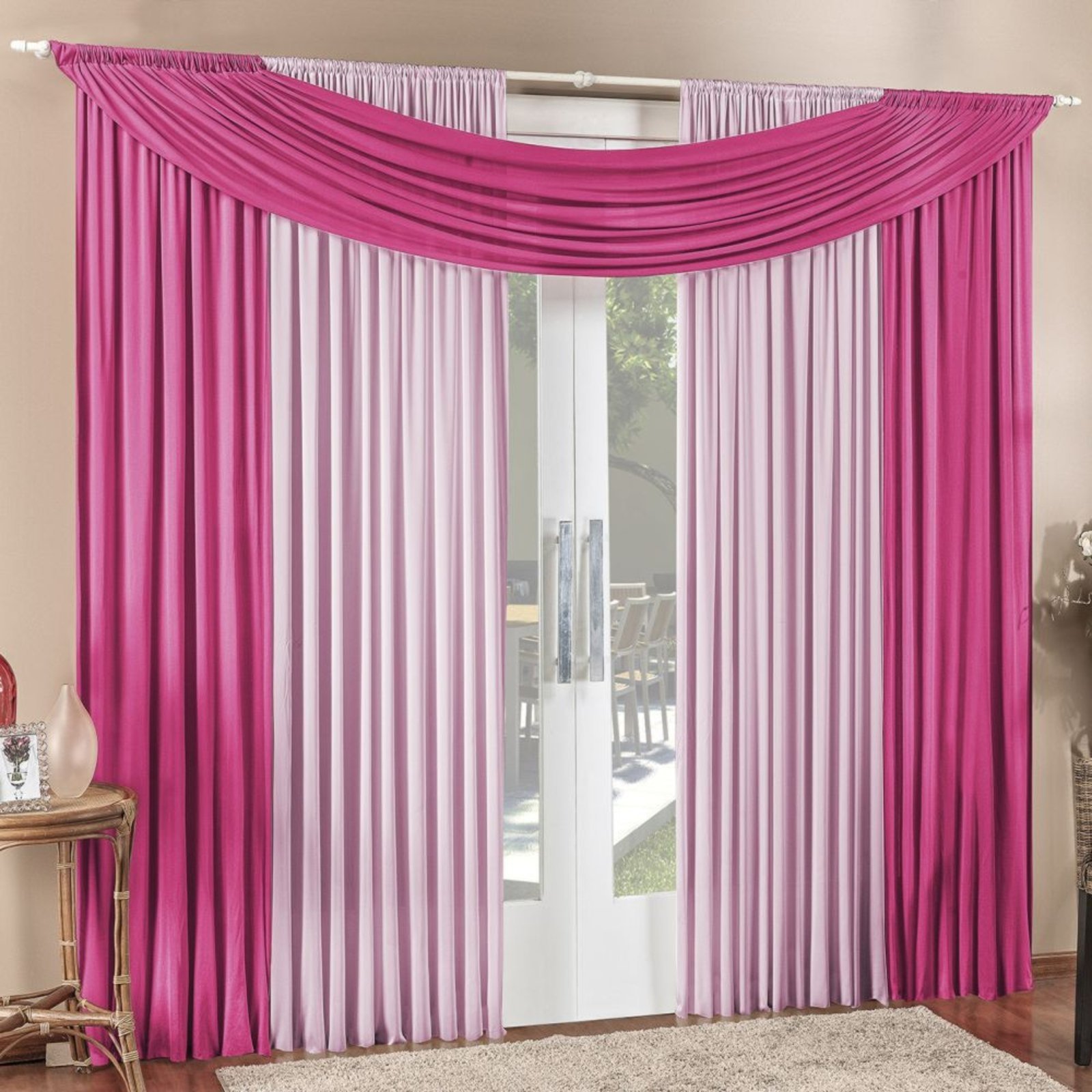 Cortina Tendência 3,00m x 2,50m para Varão em Malha Sala Quarto - Pink - 100% Poliéster