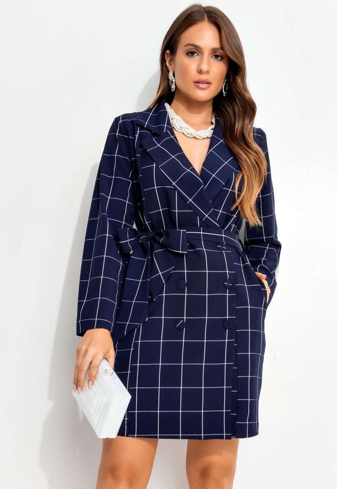 Vestido Em Tecido De Alfaiataria Xadrez Grid Azul Quintess