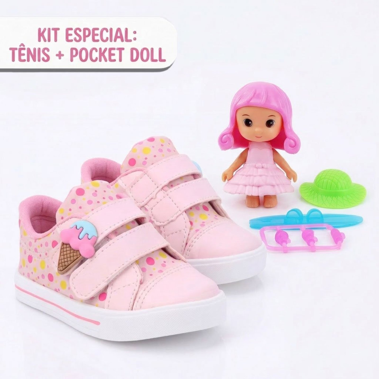 Infantil - Kit Tênis Menina Bee Happy Sorvetinho Candy Color + Boneca Pocket Doll