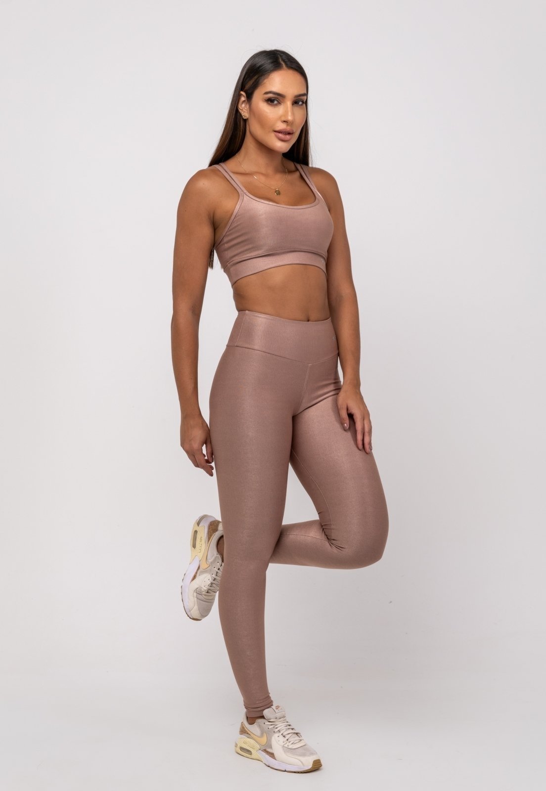 Calça Legging Suplex Canelada Brilho Básica Salvatore Fashion Marrom