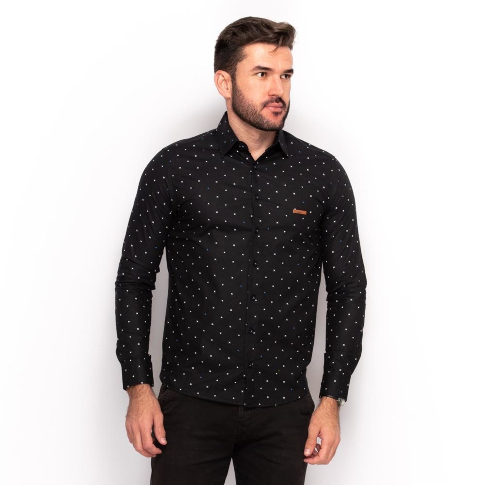 Camisa Social Teodoro Masculina Poa Slim Conforto Preto G Preto