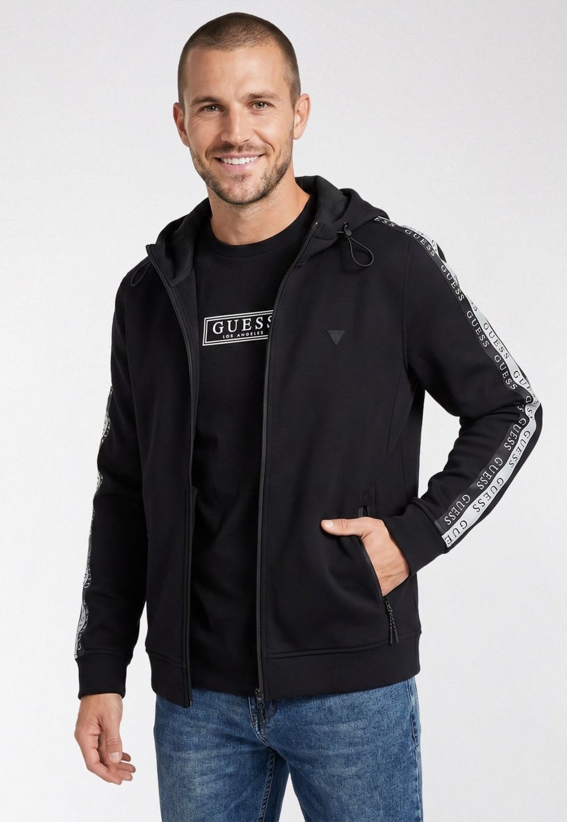 Jaqueta Scuba Guess Capuz E Ziper Preto