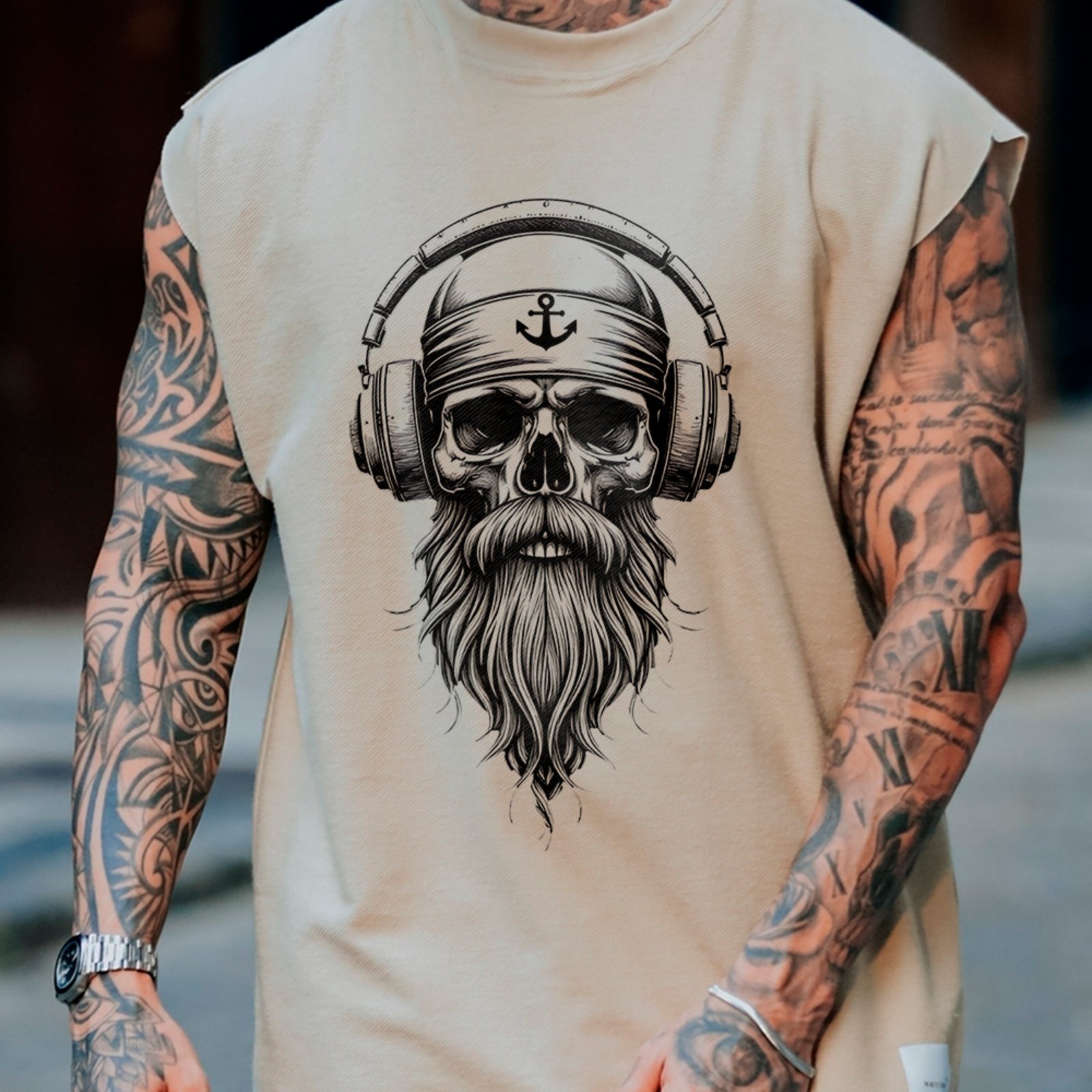 Camiseta Regata Machão Caveira Viking Headset Streetwear Premium Off White