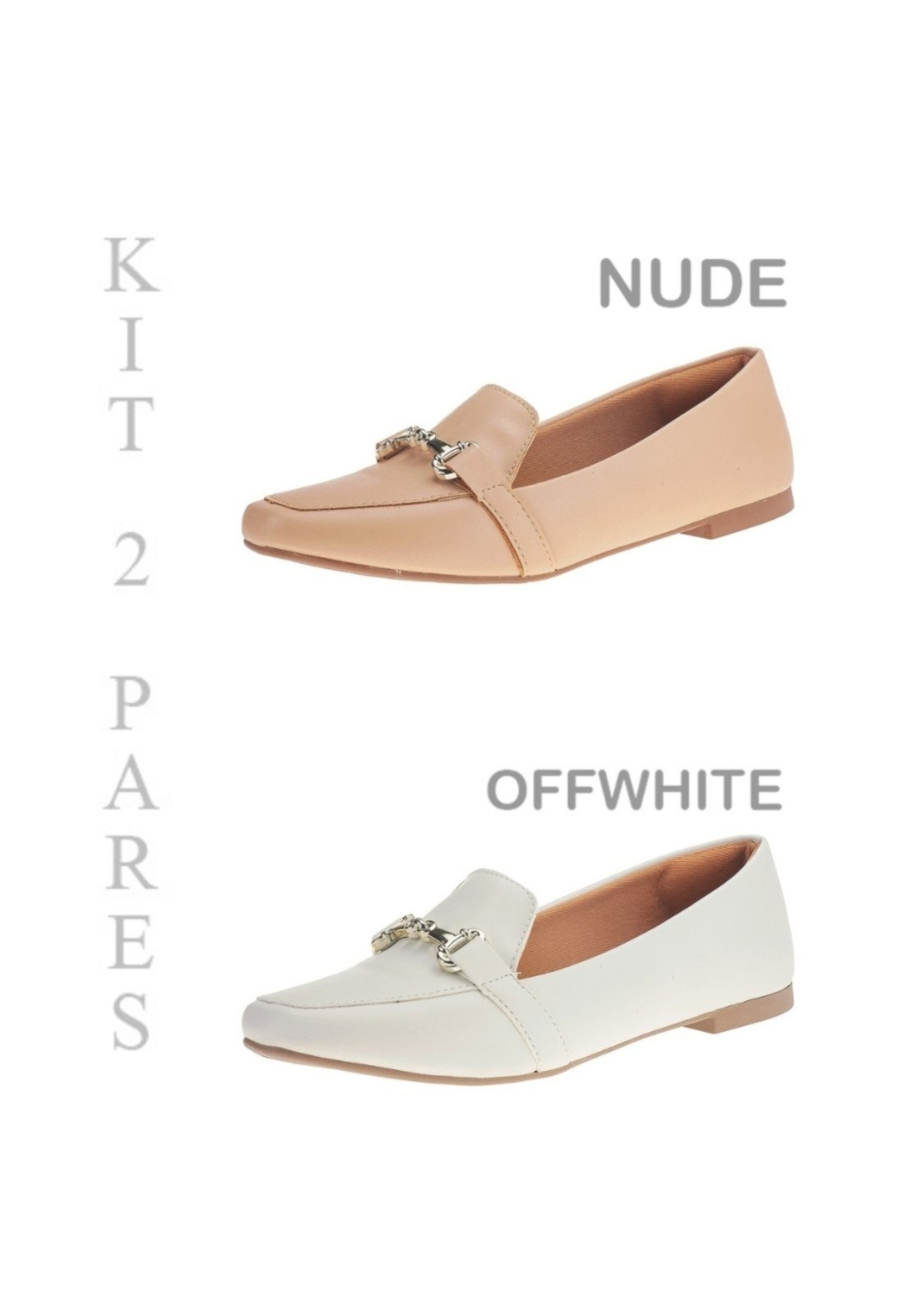 Kit 2 Pares Sapatilha Feminina Mocassim Rasteiro Sapato Bico Quadrado 160 Nude/Bege
