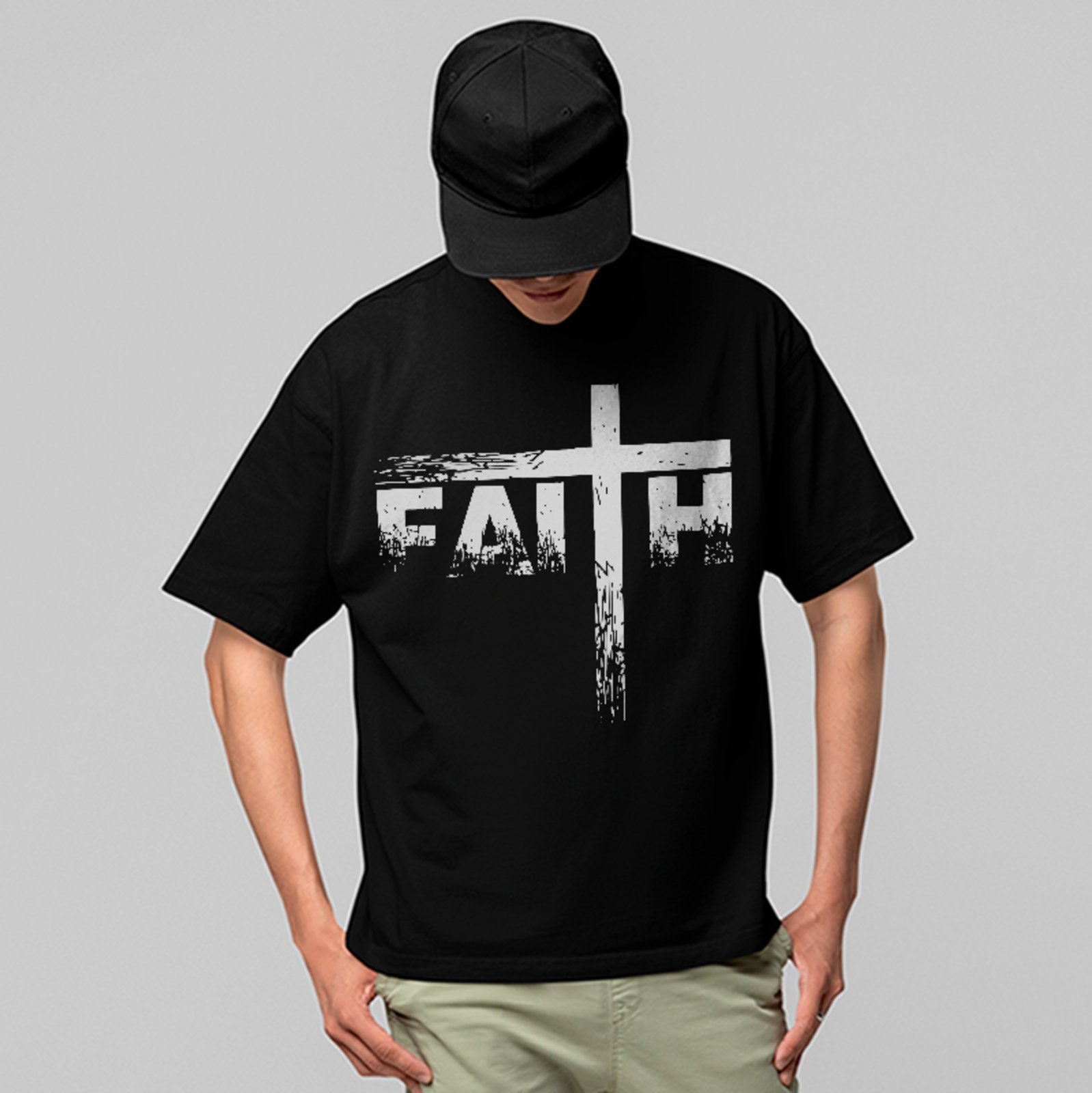 Camiseta Oversized Premium Faith Cruz Cristã Street Unissex Preto