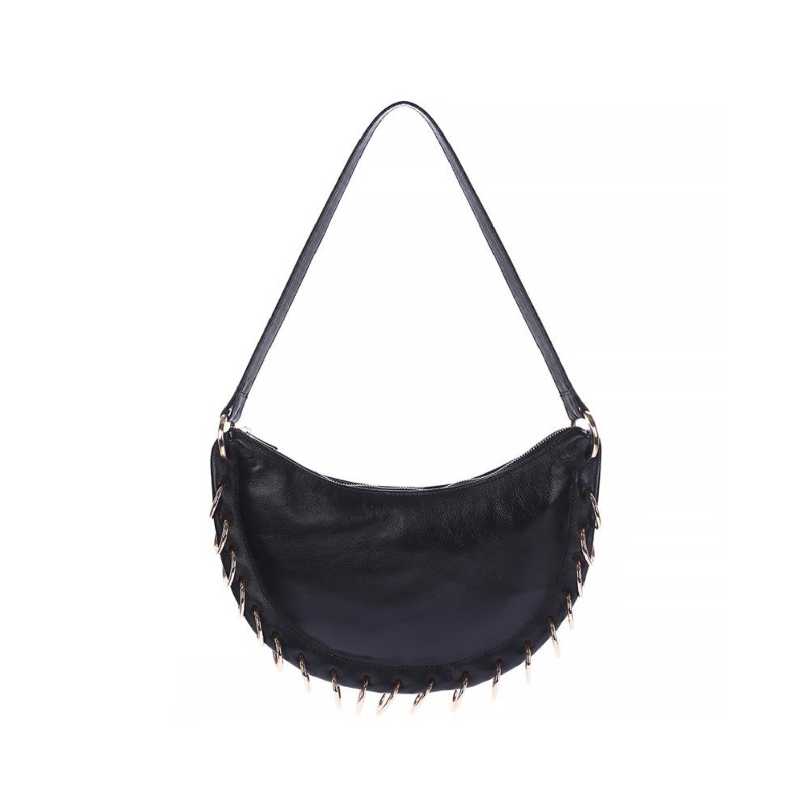 Hazel - Bolsa Feminina Damannu Meia Lua em Couro Legítimo Preta com Argolas Douradas Preto